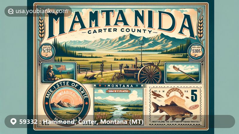 Modern illustration of Hammond, Carter County, Montana, highlighting postal theme with ZIP code 59332, featuring rural landscape near U.S. Highway 212 and Montana state symbols.