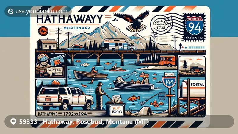 Modern illustration of Hathaway, Montana, featuring Yellowstone River, Interstate 94, fishing, camping, and postal elements like stamp, postmark, ZIP Code 59333, mailbox, and mail truck, along with Montana state symbols.