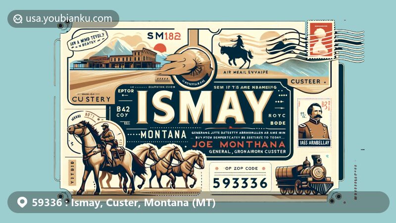 Creative illustration of ZIP Code 59336 for Ismay, Custer, Montana, integrating names Isabella and May, General Custer symbols, Joe Montana homage, and postal elements.