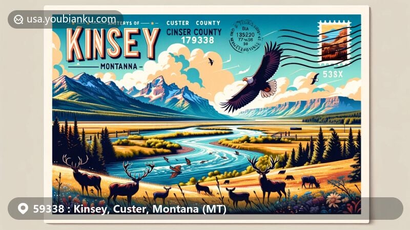 Artistic depiction of Kinsey, Custer County, Montana, highlighting Yellowstone River, expansive landscapes under Montana's Big Sky, and local wildlife like deer and eagles in a scenic postcard format with a postage stamp and postmark featuring ZIP code 59338.