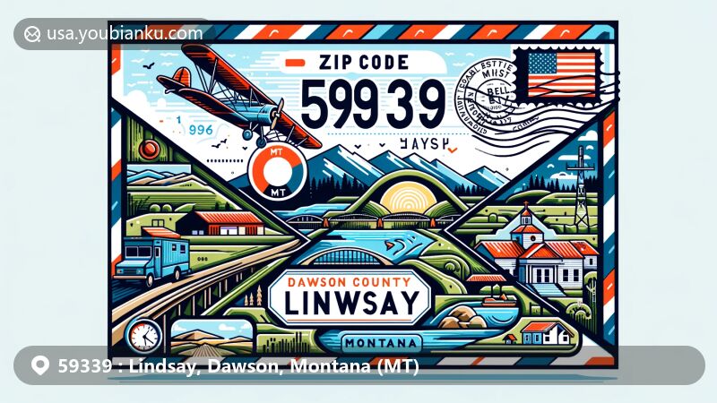 Modern illustration of Lindsay, Dawson County, Montana, featuring airmail envelope design with Montana state flag and Dawson County outline, showcasing Glendive's Historic Bell Bridge and rural beauty, displaying ZIP code 59339.