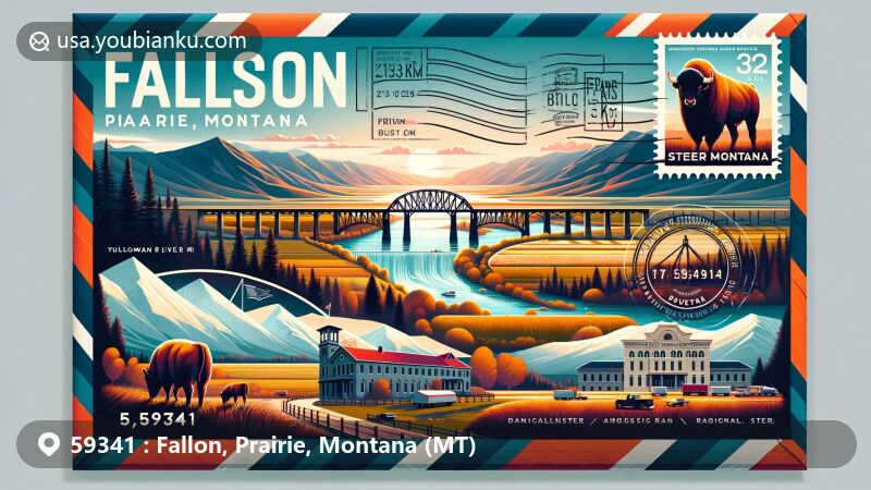 Modern illustration of Fallon, Prairie, Montana in the form of an airmail envelope with ZIP code 59341, featuring Yellowstone River Bridge and agricultural landscapes.