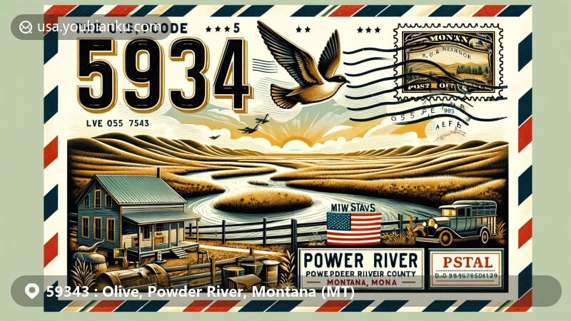 Modern illustration of Olive, Powder River County, Montana, showcasing postal theme with ZIP code 59343, featuring Powder River and rustic post office, blending Montana state flag and vintage postal elements.