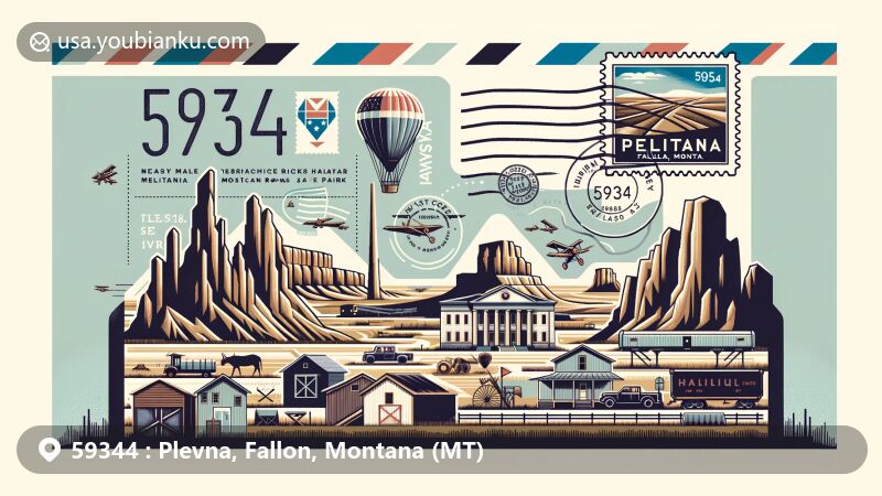 Modern illustration of Plevna, Fallon County, Montana, highlighting postal theme with ZIP code 59344, featuring unique rock formations of Medicine Rocks State Park, historical buildings, and agricultural-railroad symbols.