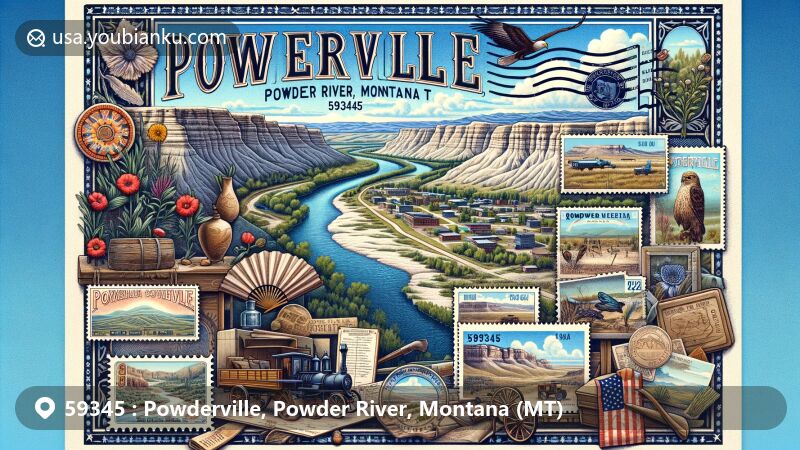Artistic portrayal of Powderville, Powder River, Montana (MT), showcasing scenic Powder River, sandstone hills, and iconic symbols like Ponderosa Pine and vintage farm equipment, styled as vintage airmail envelope with Montana state flag and wildlife stamps.