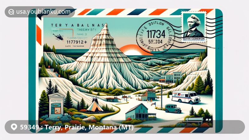 Vivid illustration showcasing the limestone terrain of Terry Badlands in Terry, Montana, with Chimney Rock as a focal point. Background features Evelyn Cameron Gallery and historical scene from Father DeSmet-Sitting Bull Council. Design elements include stamp, postmark, ZIP Code 59349, mailbox, and postal van.