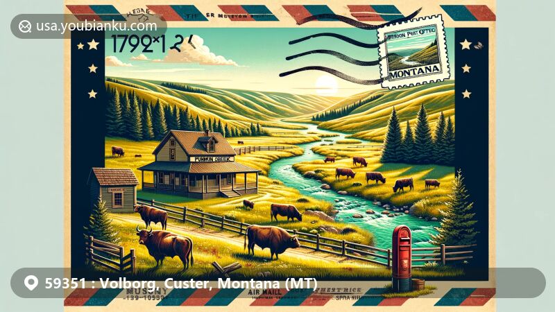 Modern illustration of Volborg, Custer County, Montana, displaying rural landscape with rolling hills and cattle ranches, featuring historic post office and nods to Theodore Roosevelt and semi-arid climate.