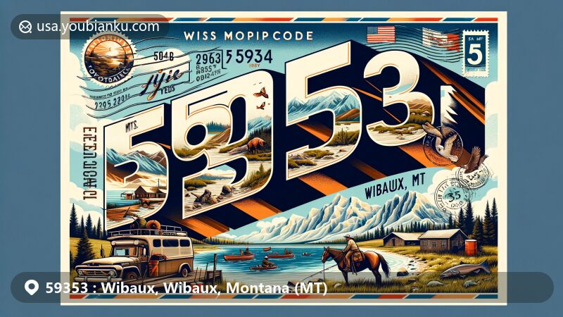 Modern illustration of Wibaux, Montana, showcasing postal theme with ZIP code 59353, featuring Rocky Mountains backdrop, small-town rural life elements like fishing and hiking, and vintage-style postage stamp and air mail envelope border.