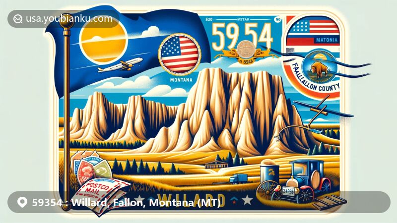 Modern illustration of Willard, Fallon County, Montana, featuring Medicine Rocks State Park's Swiss cheese-like sandstone formations, Montana state flag, and postal elements with ZIP code 59354.