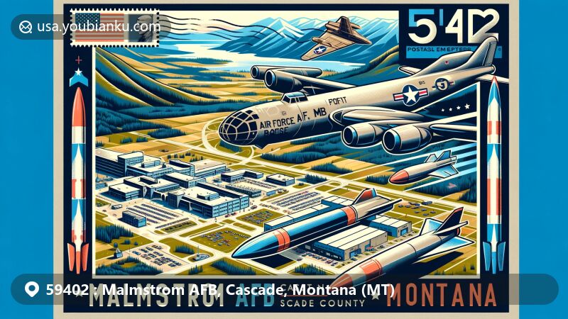 Modern illustration of Malmstrom AFB, Cascade County, Montana, showcasing aerial view of the air force base with B-17 Flying Fortress, Minuteman III missile, and 341st Missile Wing emblem, set against scenic Montana backdrop, featuring postal elements including airmail envelope or postcard shape with stamp, postmark, and ZIP Code '59402'.