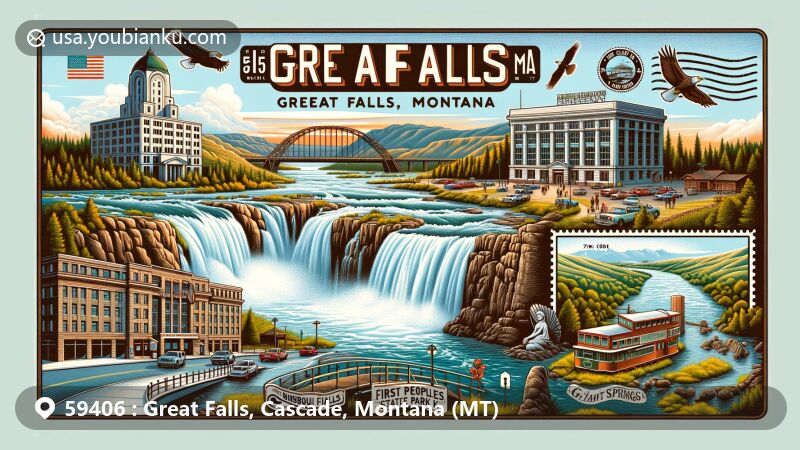 Modern illustration of Great Falls, Montana, featuring iconic landmarks like Black Eagle Falls, Rainbow Falls, Crooked Falls, Great Falls, Lewis and Clark Interpretive Center, C.M. Russell Museum, Giant Springs State Park, First People’s Buffalo Jump State Park, and Tenth Street Bridge with ZIP code 59406.