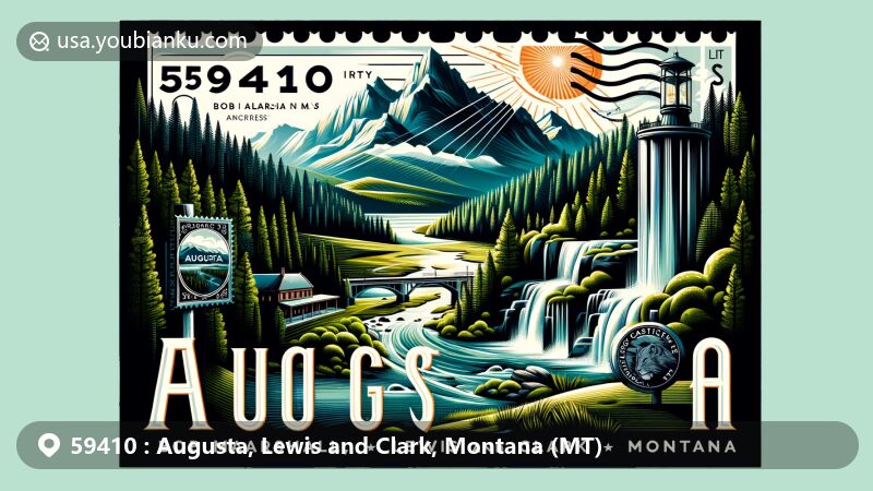 Modern illustration of Augusta, Lewis and Clark County, Montana, showcasing postal theme with ZIP code 59410, featuring Bob Marshall Wilderness Complex, Glacier National Park, Latigo and Lace Gallery, and Cataract Falls.