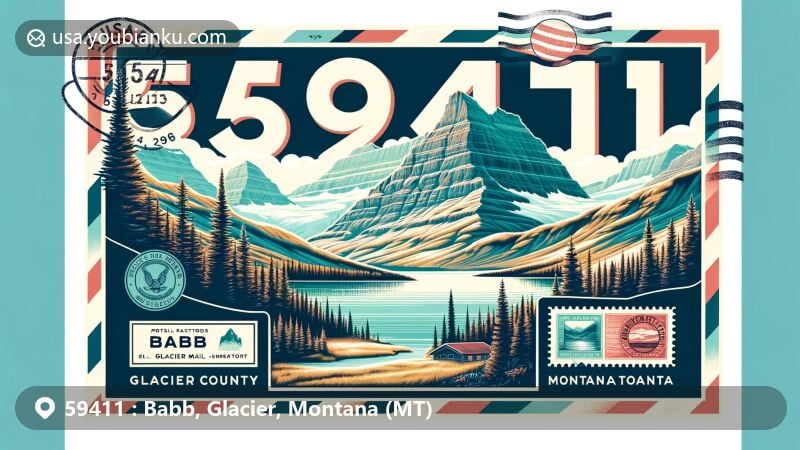Modern illustration of Babb, Glacier County, Montana, showcasing postal theme with ZIP code 59411, featuring Glacier National Park landscape and vintage postcard design.