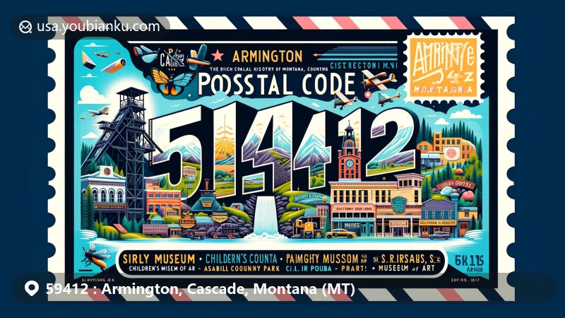 Contemporary illustration of Armington, Cascade County, Montana, inspired by ZIP code 59412, featuring a postal-themed artwork with elements representing the area's coal mining history and local landmarks like the History Museum and Black Eagle Falls.
