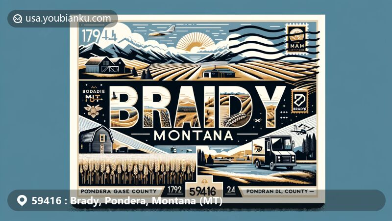 Modern illustration of Brady, Pondera County, Montana, with airmail envelope design, showcasing wheat fields and rural landscape, symbolizing grain marketing center in the Golden Triangle.