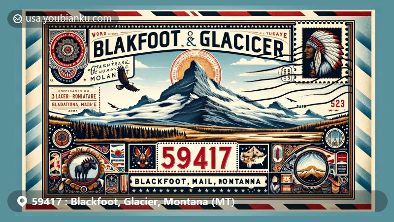 Modern illustration of Blackfoot, Glacier, Montana showcasing postal theme with ZIP code 59417, featuring Chief Mountain, Blackfeet Tribe cultural elements, Glacier National Park, and Montana landscape.