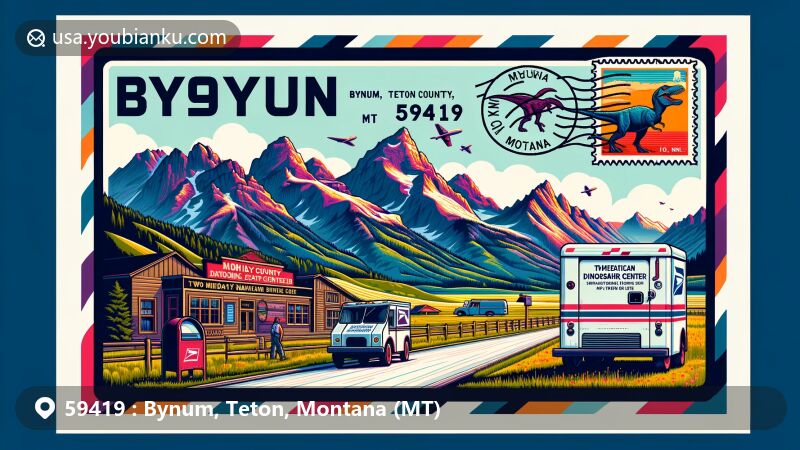 Modern illustration of Bynum, Teton County, Montana, highlighting the Rocky Mountain Front foothills with the Two Medicine Dinosaur Center, featuring airmail envelope, Montana state flag stamp, and postal elements.