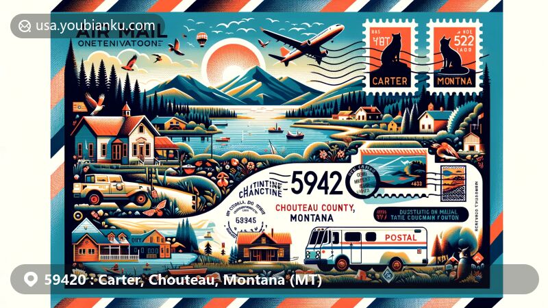 Modern illustration of Carter, Chouteau County, Montana, featuring postal theme with ZIP code 59420, showcasing serene town scene and natural landscapes, including lakes, streams, mountains, and valleys.