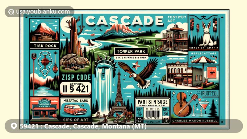 Modern illustration of Cascade, Montana, illustrating the postal theme with ZIP code 59421, showcasing Tower Rock State Park, Old U.S. Highway 91 Historic District, Paris Gibson Square Museum of Art, C.M. Russell Museum, Sip ‘n Dip Lounge, and cowboy art elements.