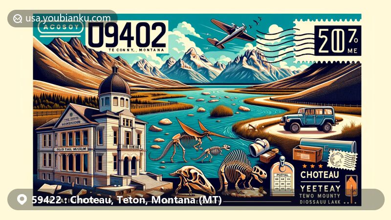 Modern illustration of Choteau, Teton County, Montana, showcasing postal theme with ZIP code 59422, featuring Old Trail Museum, Two Medicine Dinosaur Center fossils, Freezout Lake, and Rocky Mountain Front.