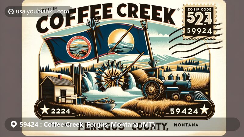 Modern illustration of Coffee Creek, Fergus County, Montana, featuring a postcard design with elements from the Montana state flag, including a plow, shovel, and pick in a field by the Great Falls of the Missouri River and the state motto 'Oro y Plata' (Gold and Silver), set against a backdrop of Fergus County's scenic landscape with rolling hills and open fields, including postal details like a vintage stamp with ZIP code 59424, a postmark, and an old-fashioned mailbox.