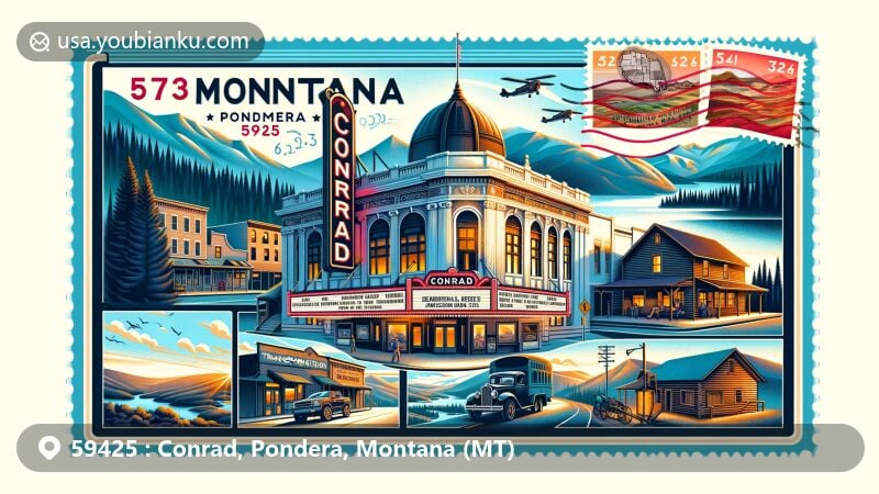 Modern illustration of Conrad, Pondera, Montana, featuring postal theme with ZIP code 59425, showcasing revitalized Orpheum Theatre and surrounding historic sites like Conrad Transportation and Historical Museum, vintage log cabin, and retro pharmacy, set against the backdrop of Montana's scenic mountains and wilderness, suggesting outdoor activities such as hunting and hiking.
