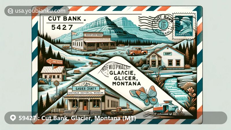 Modern illustration of Cut Bank, Glacier County, Montana, showcasing airmail-style envelope with iconic landmarks like Glacier County Historical Museum and Camp Disappointment.
