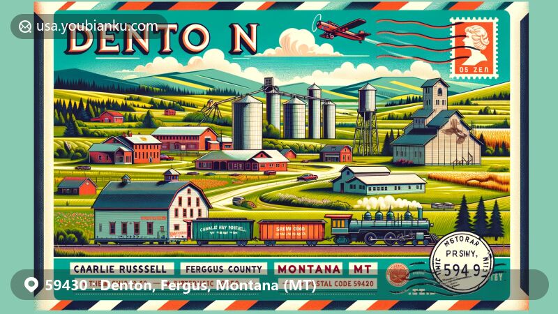 Modern illustration of Denton, Fergus County, Montana, showcasing scenic landscape with farmlands, historic barns, and the Charlie Russell Chew Choo dinner train, incorporating postal elements like vintage stamp and air mail envelope border.