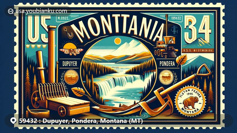 Modern illustration of Dupuyer, Pondera County, Montana, featuring Great Falls of the Missouri River, with symbolic elements of a plow, shovel, and pick, the Montana state flag, vintage postage stamp, and postmark.