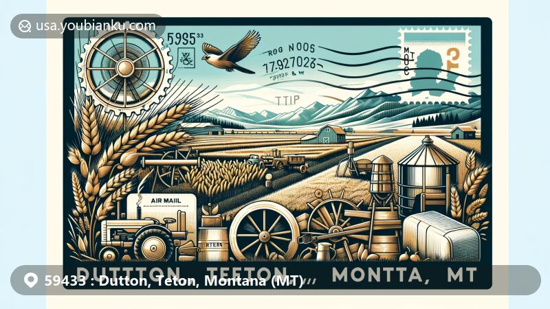 Modern illustration of Dutton, Teton, Montana (MT), showcasing agricultural theme with wheat, barley, farming equipment, and rural landscape, merging regional and postal elements.