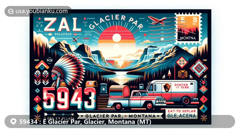 Modern illustration of E Glacier Park, Glacier County, Montana, showcasing postal theme with ZIP code 59434, featuring Glacier National Park, Going-to-the-Sun Road, Blackfeet Indian Tribe elements, Montana state flag, and vintage postal symbols.