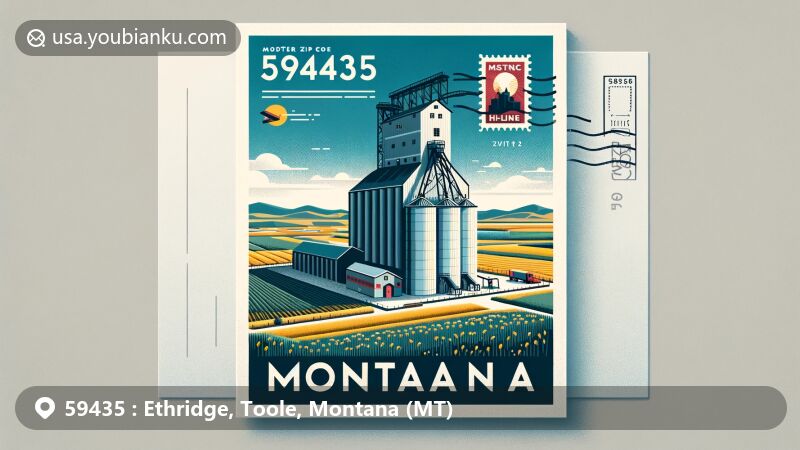 Modern illustration of Ethridge, Montana, showcasing a grain elevator and rural landscape typical of the Hi-Line area, with postal elements like stamp and postmark for ZIP Code 59435.
