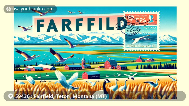 Modern illustration of Fairfield, Teton County, Montana, featuring barley fields, Freezeout Lake, snow geese and tundra swans, and a postcard envelope with ZIP code 59436.