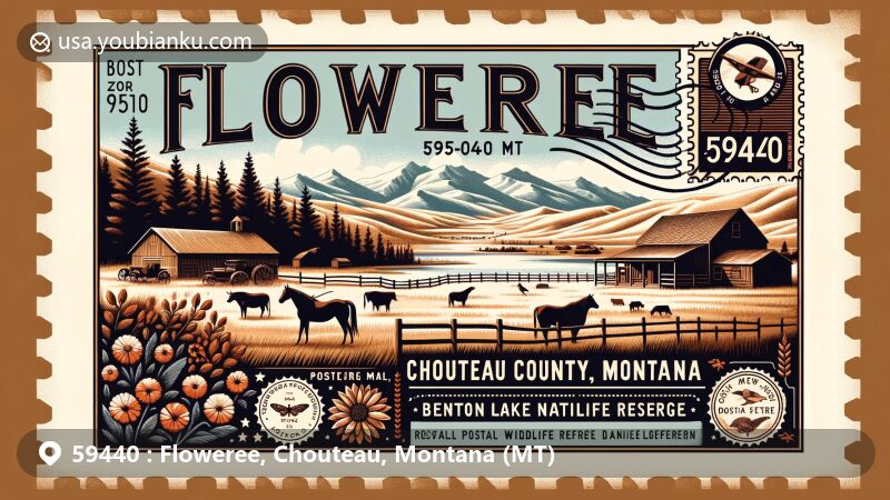 Modern illustration of Floweree, Chouteau, Montana, showcasing rural charm with a background of vast plains or a ranch scene, reflecting the area's history named after cattleman Daniel Floweree and its tradition of cattle and horse ranching. Features Benton Lake National Wildlife Refuge and vintage air mail elements with ZIP code 59440.