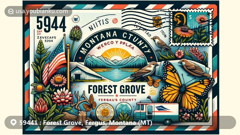 Modern illustration of Forest Grove area, Montana, resembling an airmail envelope with ZIP code 59441, featuring Montana state flag, state symbols like Bitterroot flower and Grizzly Bear, and Fergus County landscape.