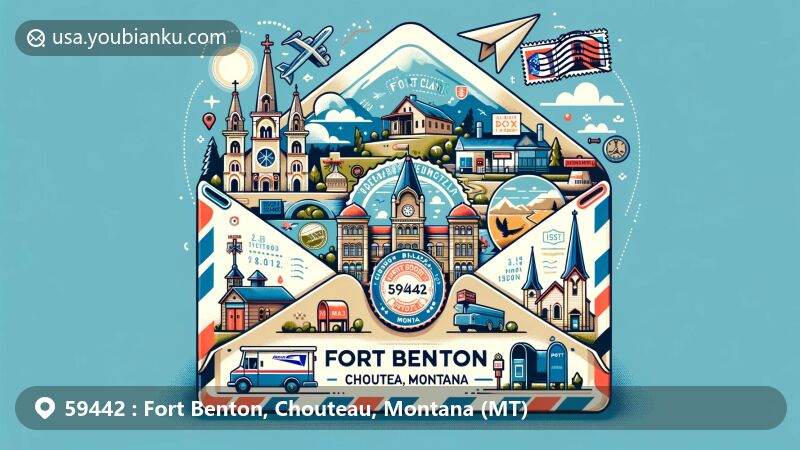 Modern illustration of Fort Benton, Chouteau, Montana, showcasing postal theme with ZIP code 59442, featuring Lewis & Clark Memorial, historic churches, and downtown area.