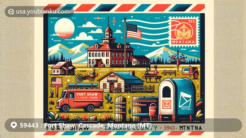 Modern illustration of Fort Shaw, Cascade County, Montana, blending regional features with postal elements, including historic buildings, Shaw Butte, Sun River, and Montana state flag.