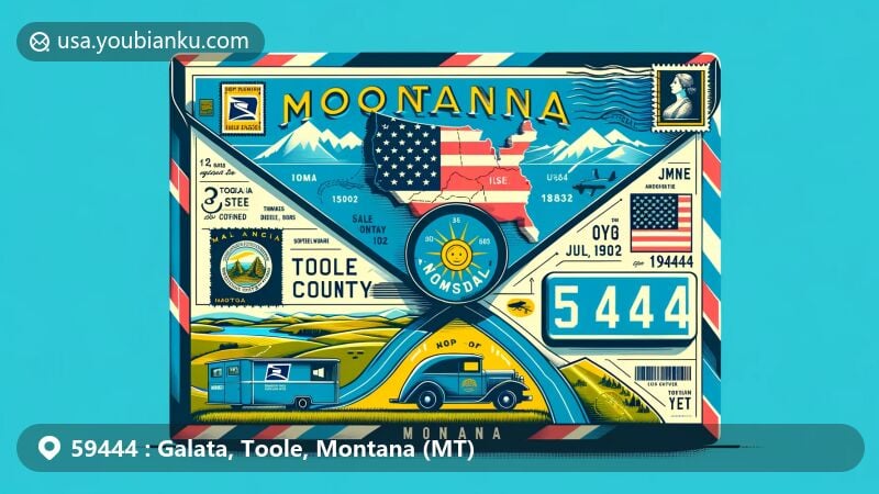 Modern illustration of Galata, Toole County, Montana, featuring postal theme with ZIP code 59444, displaying Montana state symbols, Toole County outline, and rural landscape of Galata.