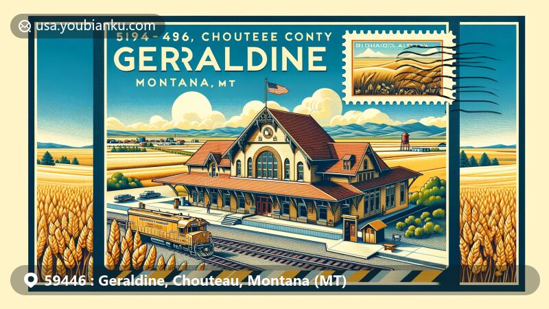 Vintage-style depiction of Geraldine, Chouteau County, Montana, showcasing restored historic Milwaukee Depot and agricultural elements. Design resembles a classic airmail envelope with Montana state flag postage stamp and postal cancellation mark for ZIP code 59446.