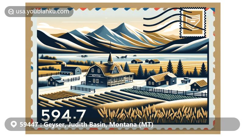 Modern illustration of Geyser, Montana, highlighting mud springs, Highwood and Little Belt Mountains, wheat fields, and ranches, with postal theme showcasing ZIP code 59447.