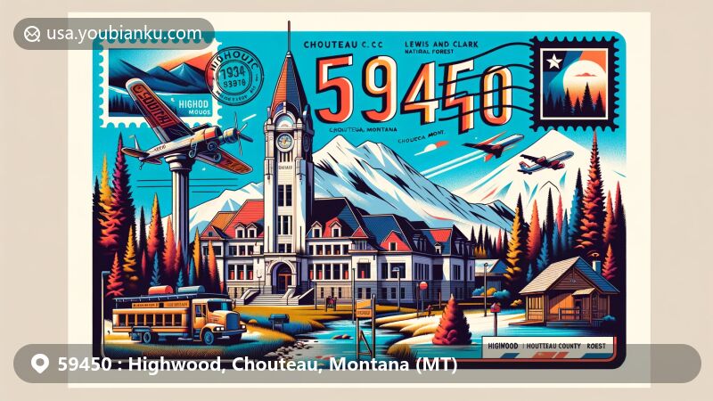 Modern illustration of Highwood, Chouteau County, Montana, featuring postal theme with ZIP code 59450, showcasing Chouteau County Courthouse, Highwood Mountains, and Lewis and Clark National Forest.