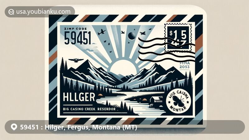 Modern illustration of an artistic airmail envelope representing postal code 59451 in Hilger, Montana, featuring the contours of Montana mountains and natural landscapes, including Big Casino Creek Reservoir.