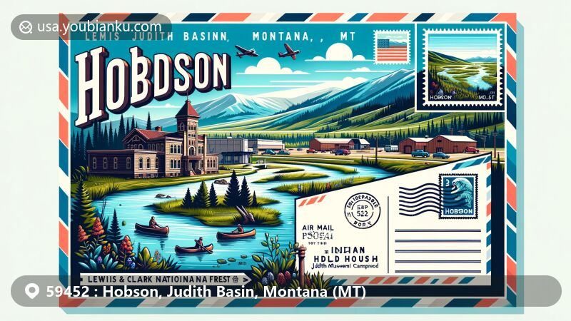 Modern illustration of Hobson, Judith Basin, Montana, featuring key landmarks like Hobson Museum, scenic Judith River, and Indian Hill Campground in Lewis and Clark National Forest, with postal theme including stamp, postmark, and ZIP Code 59452.