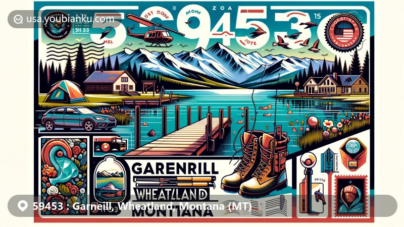 Creative representation of Garneill, Wheatland, Montana, showcasing postal theme with ZIP code 59453, featuring Crystal Lake, Snowy Mountains, outdoor activities, art gallery, museum, and postal elements.