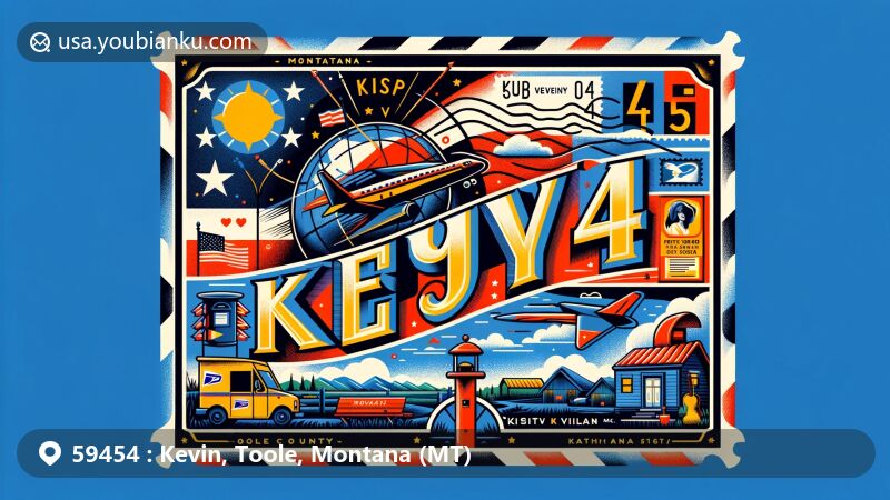 Modern illustration of Kevin, Toole County, Montana, showcasing postal theme with ZIP code 59454, featuring Montana state flag, rural landscape, postal elements, and village characteristics.