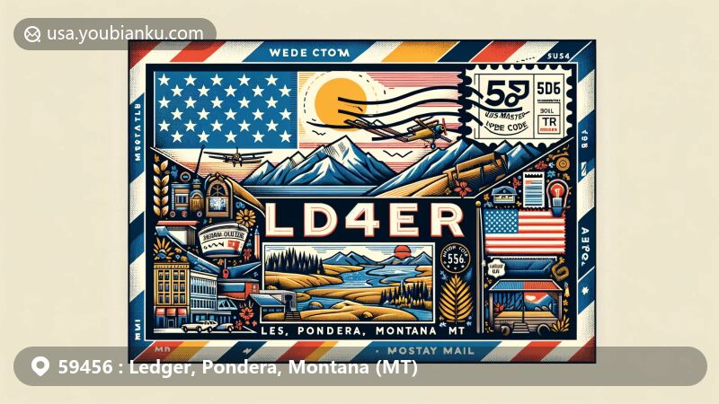 Modern illustration of Ledger area, Pondera County, Montana, inspired by an airmail envelope, featuring Montana state flag, Pondera County outline, local landmarks, and cultural elements, with prominent ZIP code 59456.