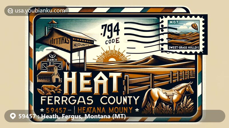 Modern illustration of Heath area in Fergus County, Montana, featuring vintage airmail envelope with ZIP Code 59457, showcasing key landmarks like Fergus County outline, historic ranch, Sweet Grass Hills, and Montana state flag.