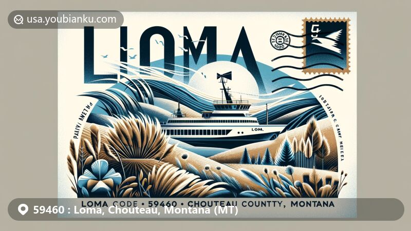 Modern illustration of Loma, Chouteau County, Montana, featuring a creative airmail envelope with ZIP code 59460, showcasing dry climate, natural vegetation, Loma Ferry, and Chinook winds symbols.