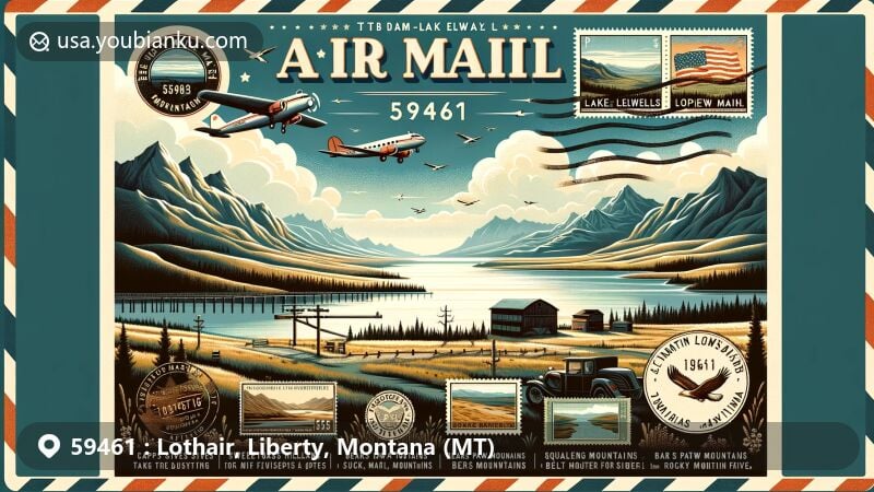 Modern illustration of Lothair, Montana, showcasing air mail envelope with stamps and postmarks, featuring ZIP code 59461, Tiber Dam-Lake Elwell, Lewis Overlook, and panoramic views of Sweetgrass Hills, Bears Paw Mountains, and more.