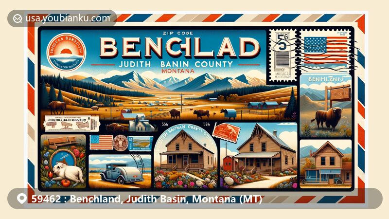 Modern illustration of Benchland, Judith Basin County, Montana, depicting expansive landscapes, Rocky Mountains, and rural Montana scenery, showcasing Judith Basin County Museum and cowboy culture influences.